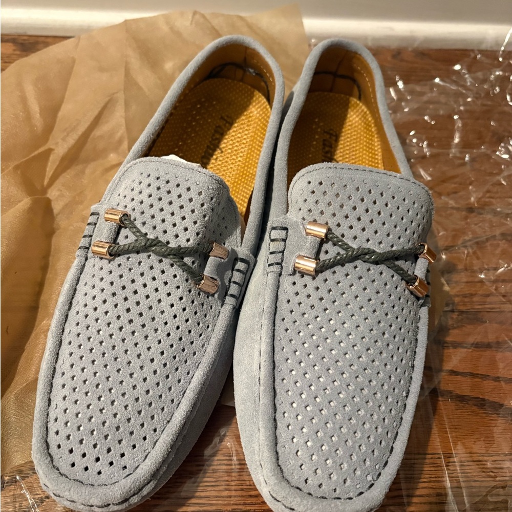 Mens Gray Perforated Suade Loafers